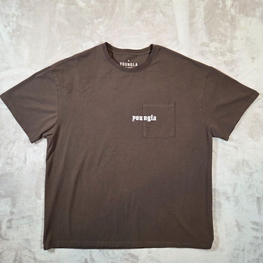 YoungLA Pocket T Shirt Mens Large Brown Gothic Logo Oversized Streetwear